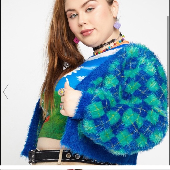 DELIA’S True Static Cling Fuzzy Argyle Cardigan - Picture 2 of 7